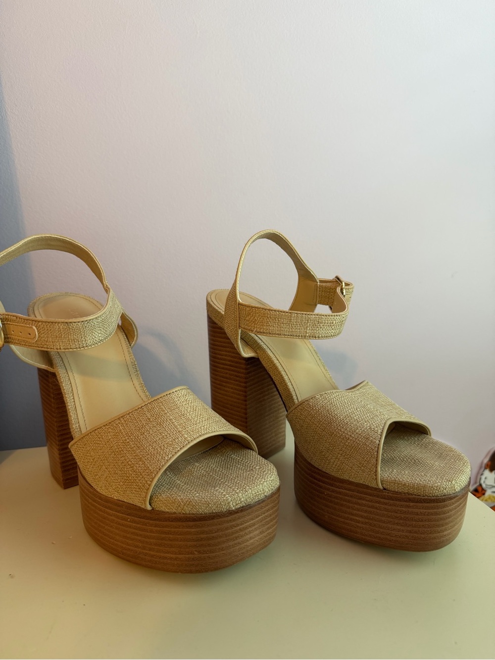 Larroude Platform Heels in beige raffia